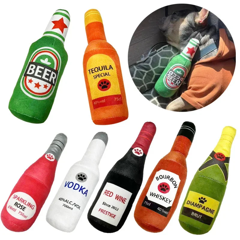 Plush Chew Toys for Dogs & Cats – Fun Alcohol Bottle Designs with Built-in Squeakers